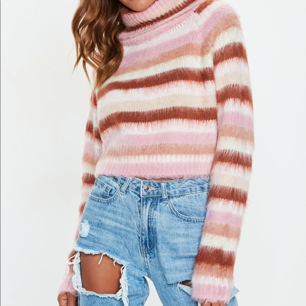 MISSGUIDED Pink Striped Roll Neck Sweater